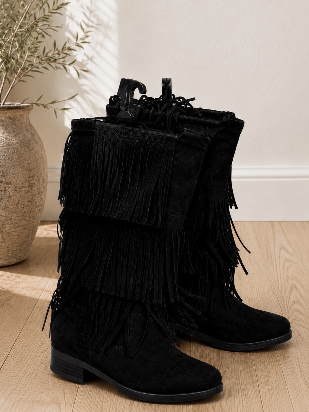 No Boundaries Black Suede Over-the-Knee Fringe Boots - Women